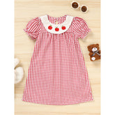 Toddler Kids Girls Back To School Dress Smocked Collar Puff Sleeve Plaid Embroidered Print Dress